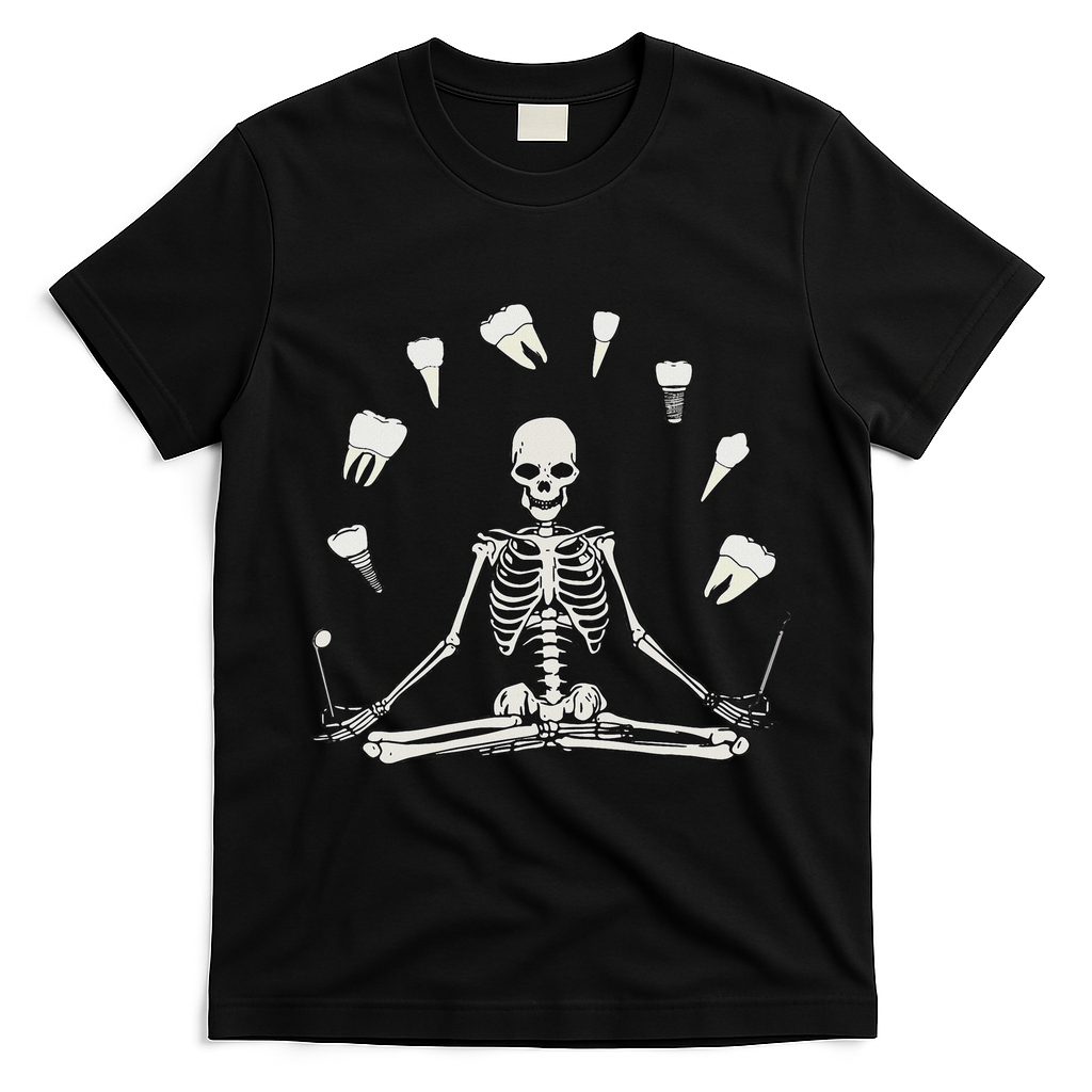 Funny Skeleton Yoga Dental Hygienist Tooth Dentist Halloween T-Shirt - Black