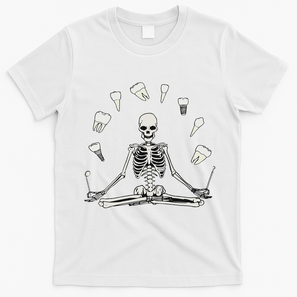 Funny Skeleton Yoga Dental Hygienist Tooth Dentist Halloween T-Shirt - White