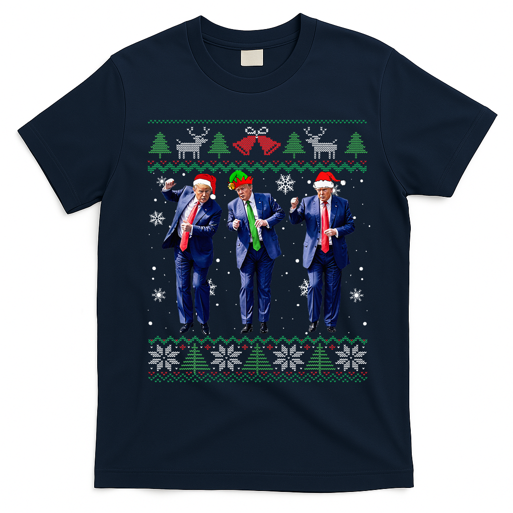 Funny Trump Dance Xmas President 47 Usa Christmas Ugly T-Shirt - Navy Blue