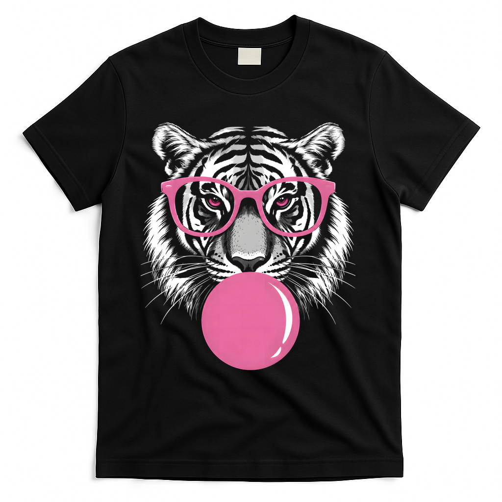 Funny Tiger Glasses Blowing Pink Bubble Gum T-Shirt - Black