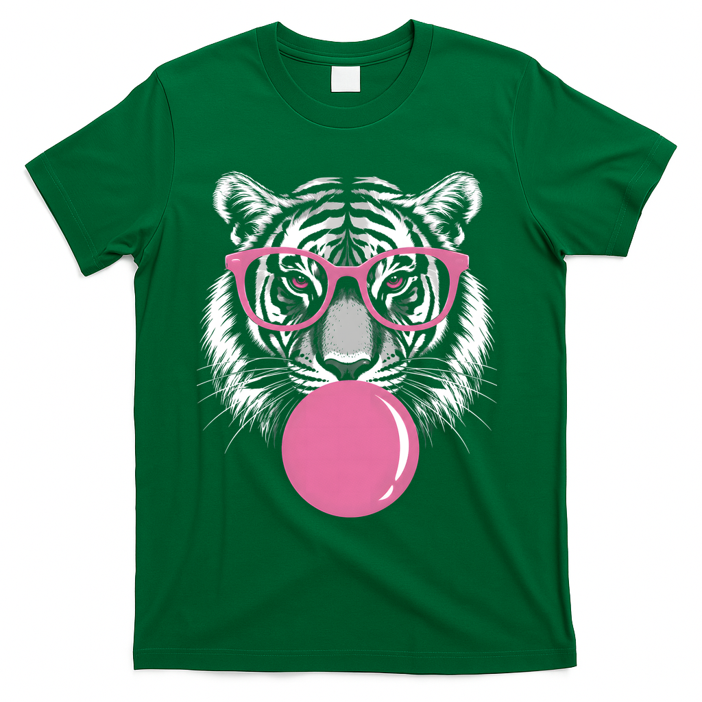 Funny Tiger Glasses Blowing Pink Bubble Gum T-Shirt - Green