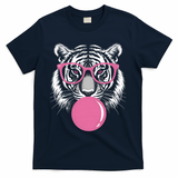 Funny Tiger Glasses Blowing Pink Bubble Gum T-Shirt - Navy