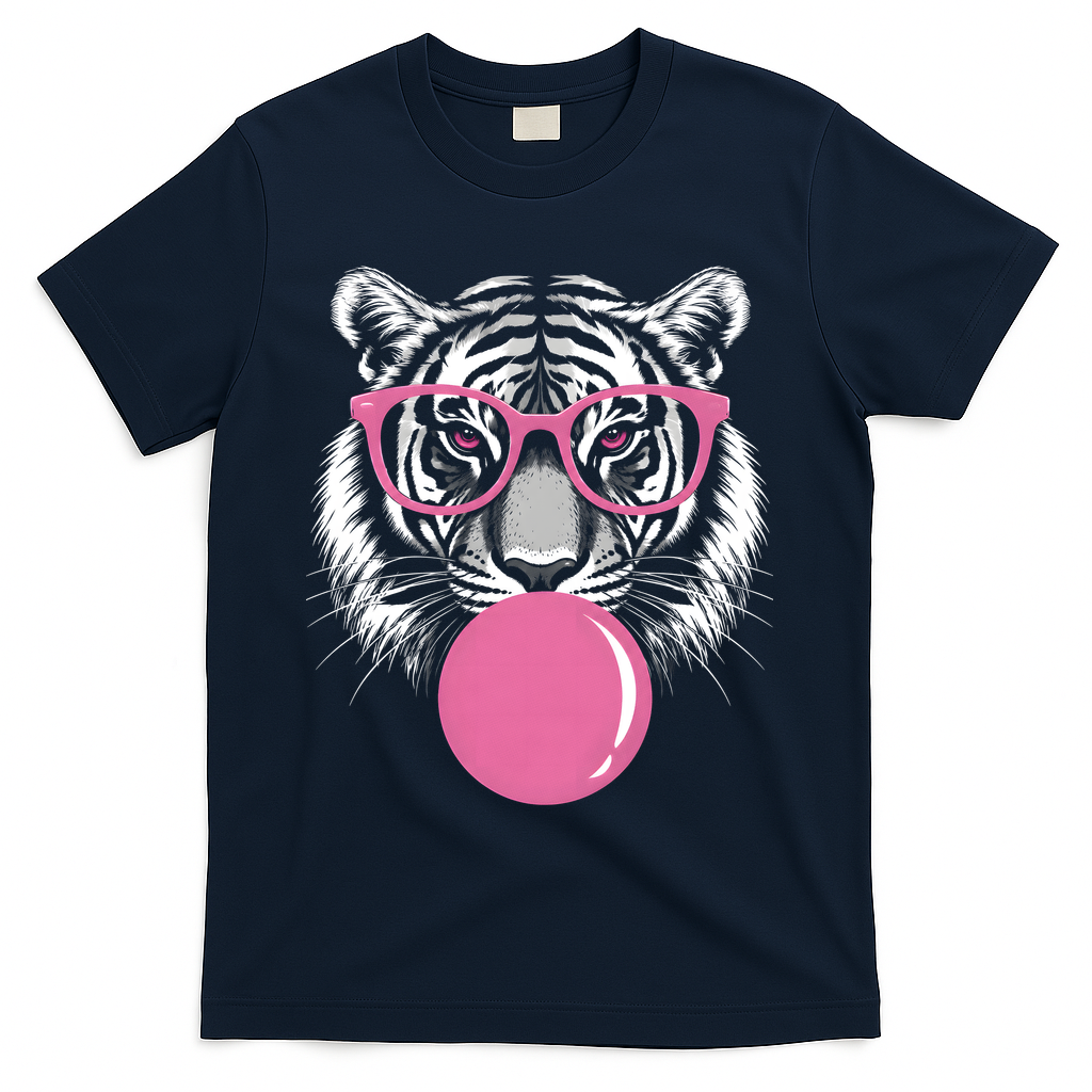 Funny Tiger Glasses Blowing Pink Bubble Gum T-Shirt - Navy