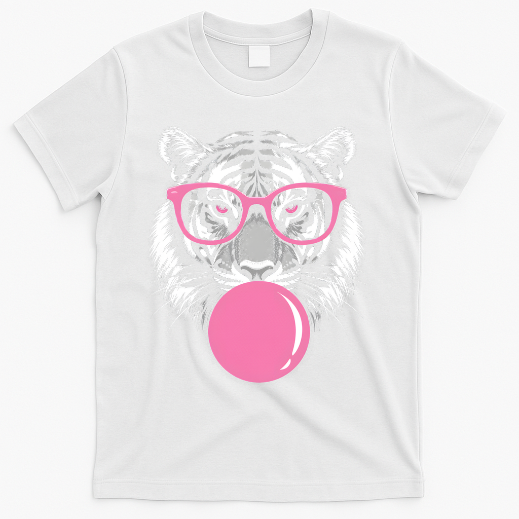 Funny Tiger Glasses Blowing Pink Bubble Gum T-Shirt - White