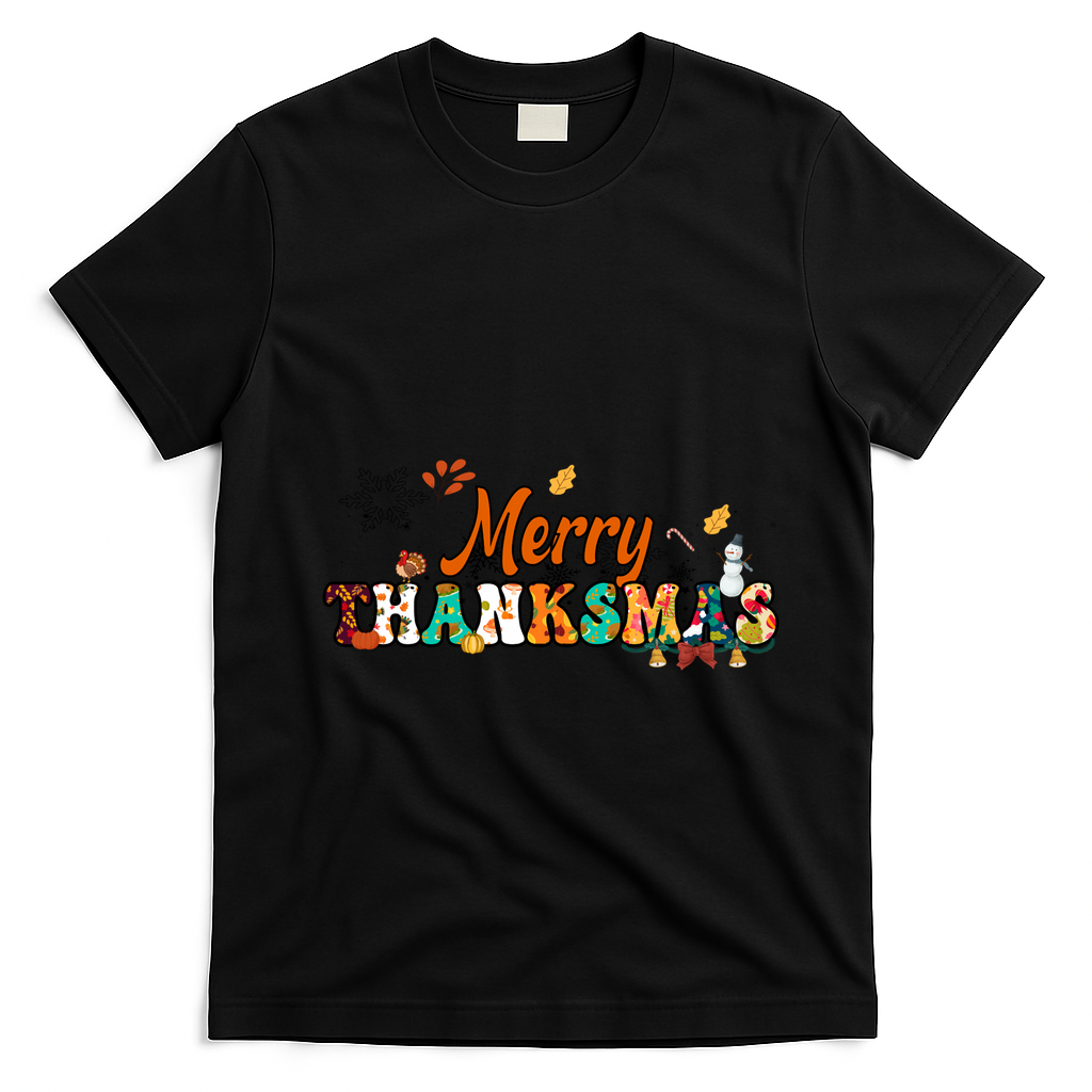 Funny Thanksmas Merry Thanksmas Thanksgiving Christmas T-Shirt - Black