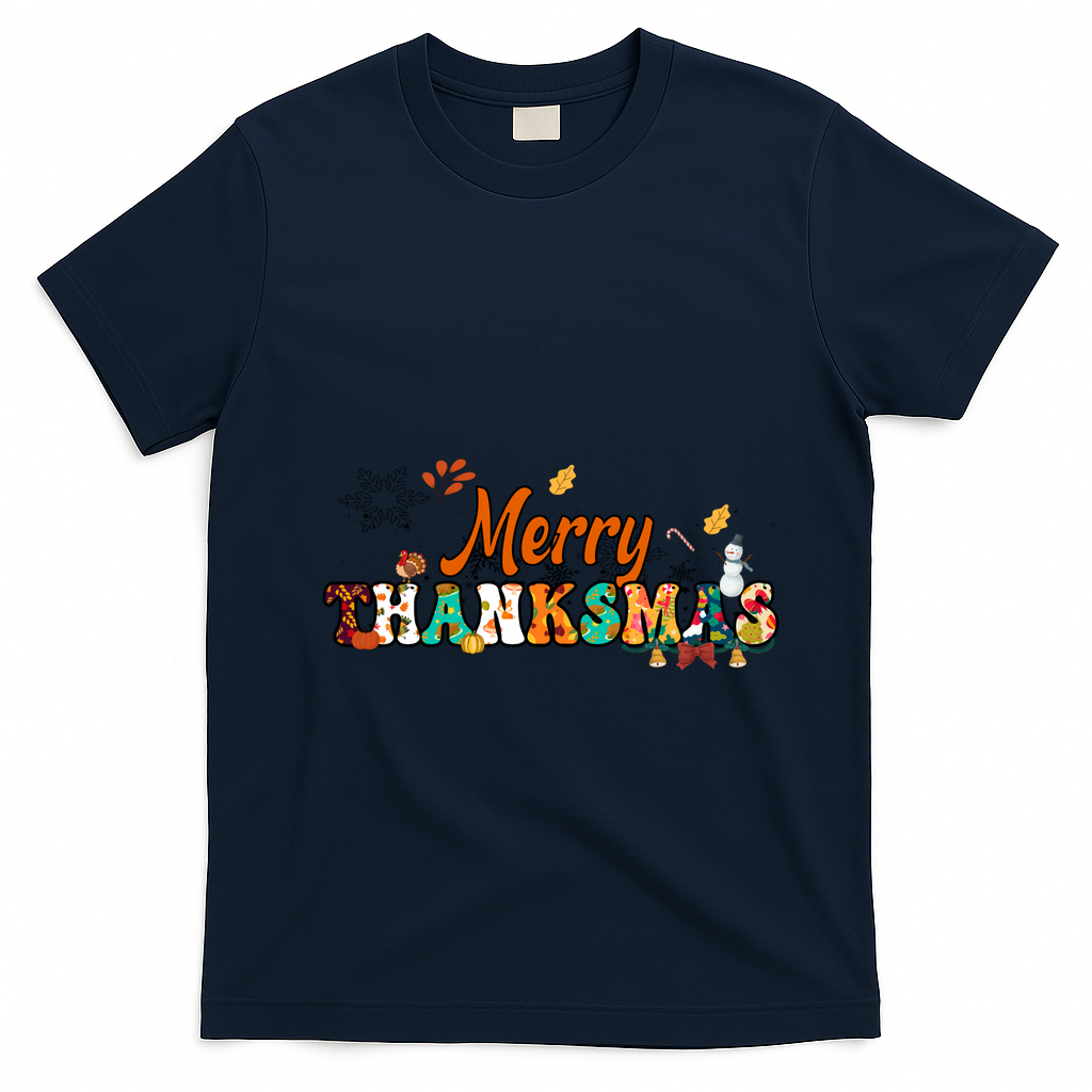 Funny Thanksmas Merry Thanksmas Thanksgiving Christmas T-Shirt - Navy Blue