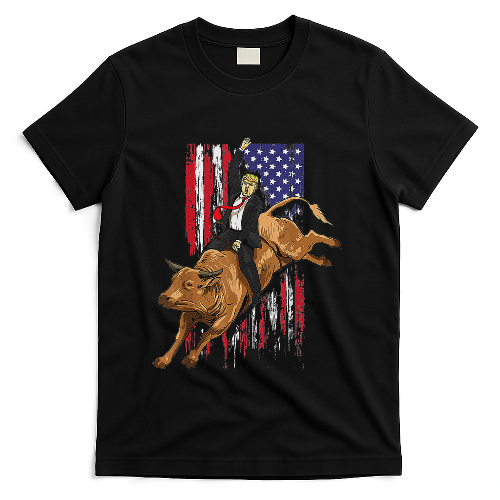 Funny Trump Rodeo Bull Rider Patriotic American Flag Trump T-Shirt - Black