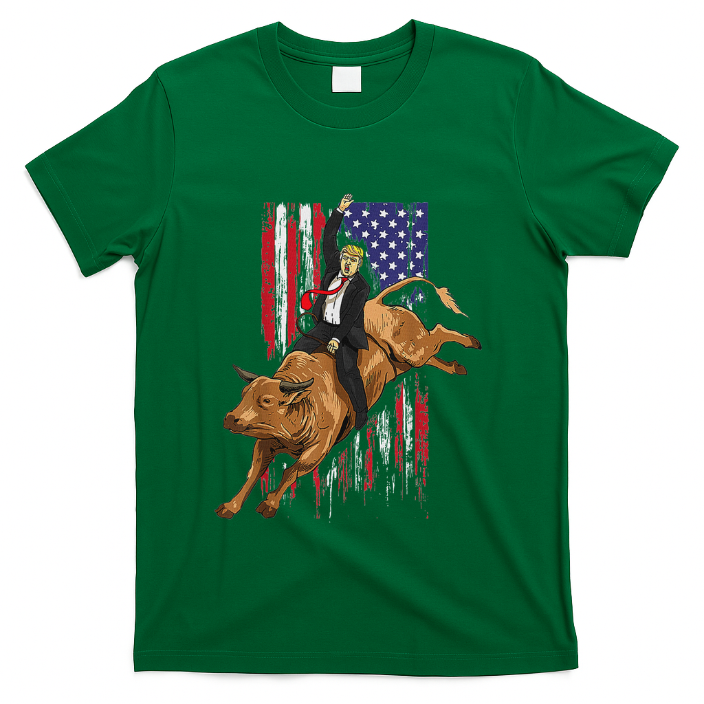 Funny Trump Rodeo Bull Rider Patriotic American Flag Trump T-Shirt - Green