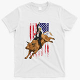 Funny Trump Rodeo Bull Rider Patriotic American Flag Trump T-Shirt - White