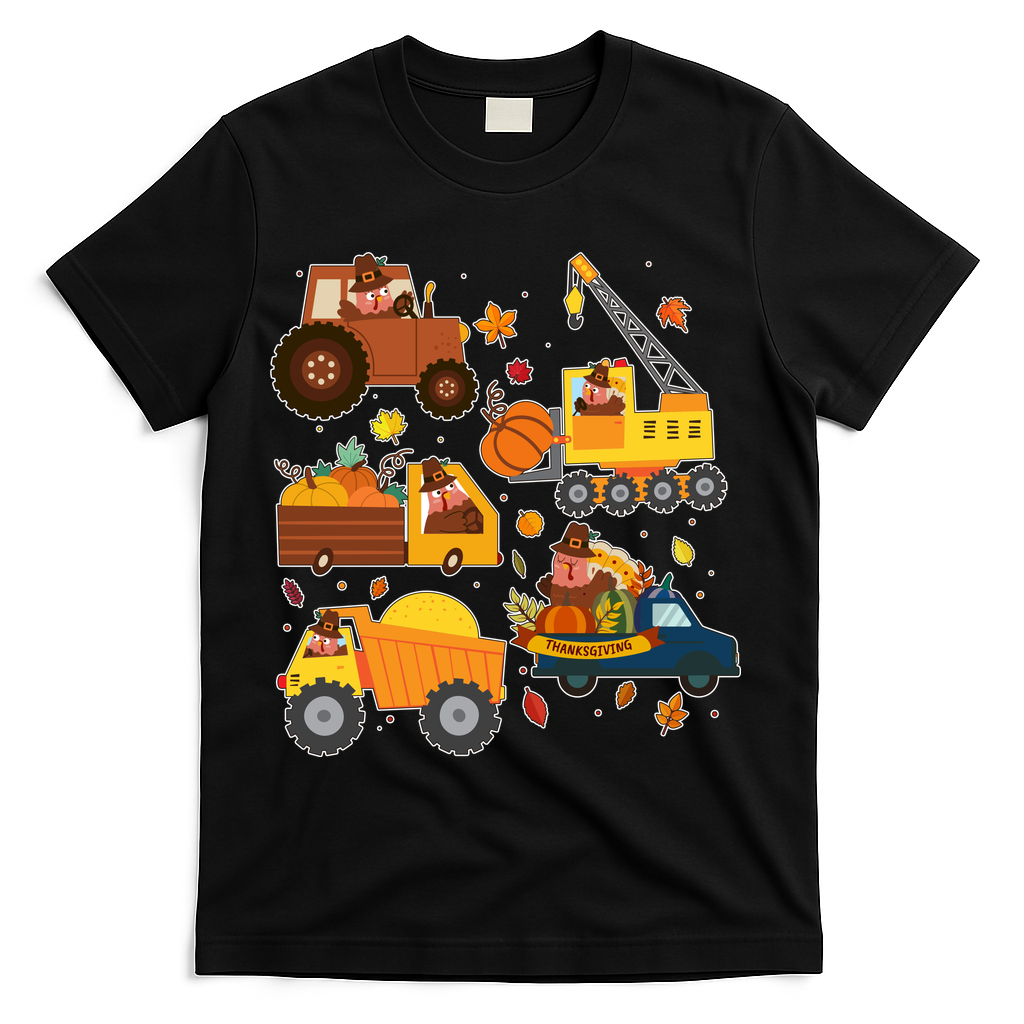 Funny Thanksgiving Turkeys Construction Vehicles T-Shirt - Black