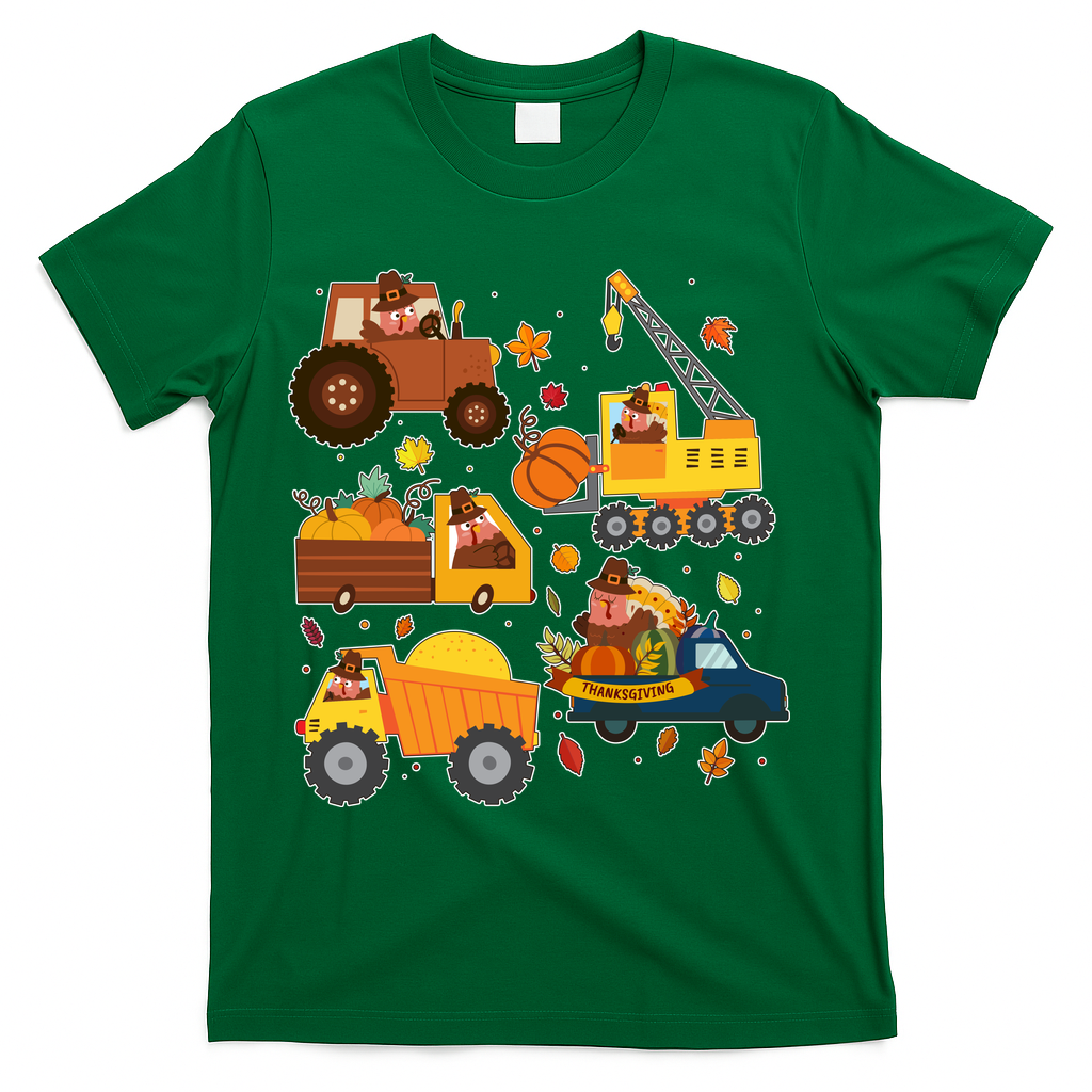 Funny Thanksgiving Turkeys Construction Vehicles T-Shirt - Green