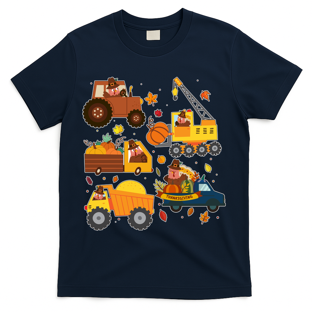 Funny Thanksgiving Turkeys Construction Vehicles T-Shirt - Navy
