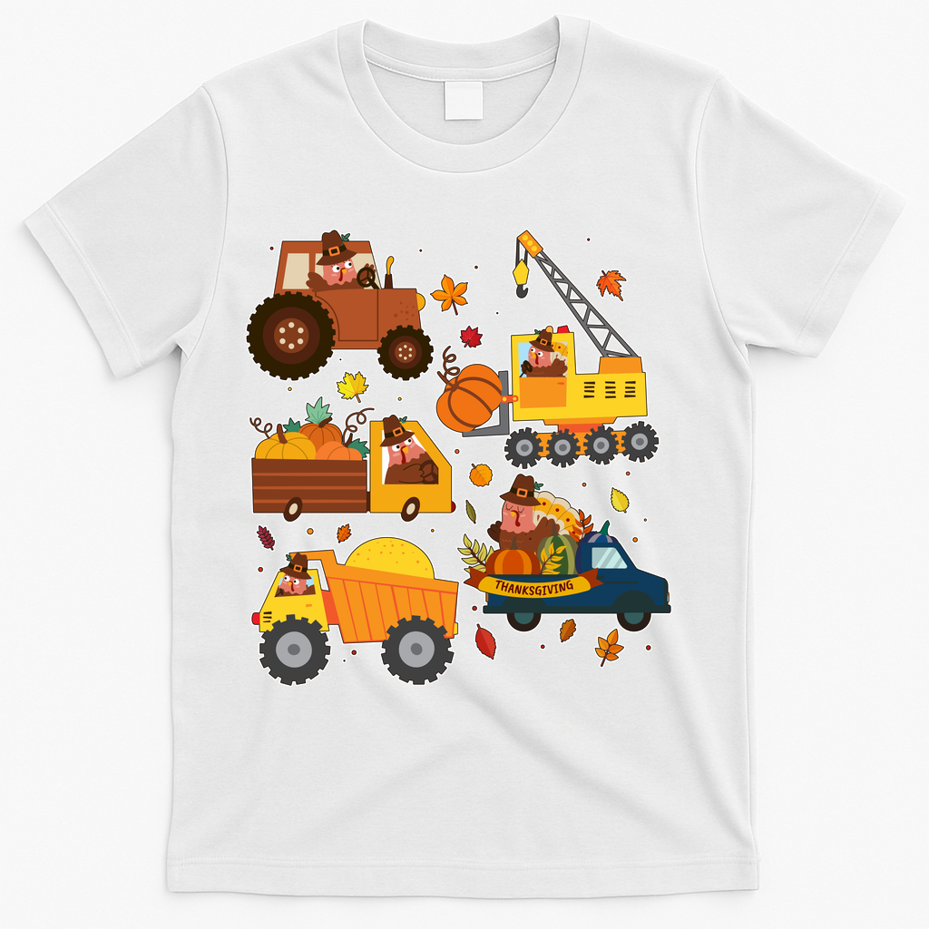 Funny Thanksgiving Turkeys Construction Vehicles T-Shirt - White