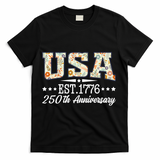 Floral USA 1776 Patriotic 250th Anniversary 250 Years Celebration T-Shirt - Black