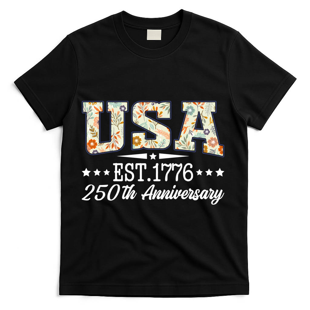 Floral USA 1776 Patriotic 250th Anniversary 250 Years Celebration T-Shirt - Black