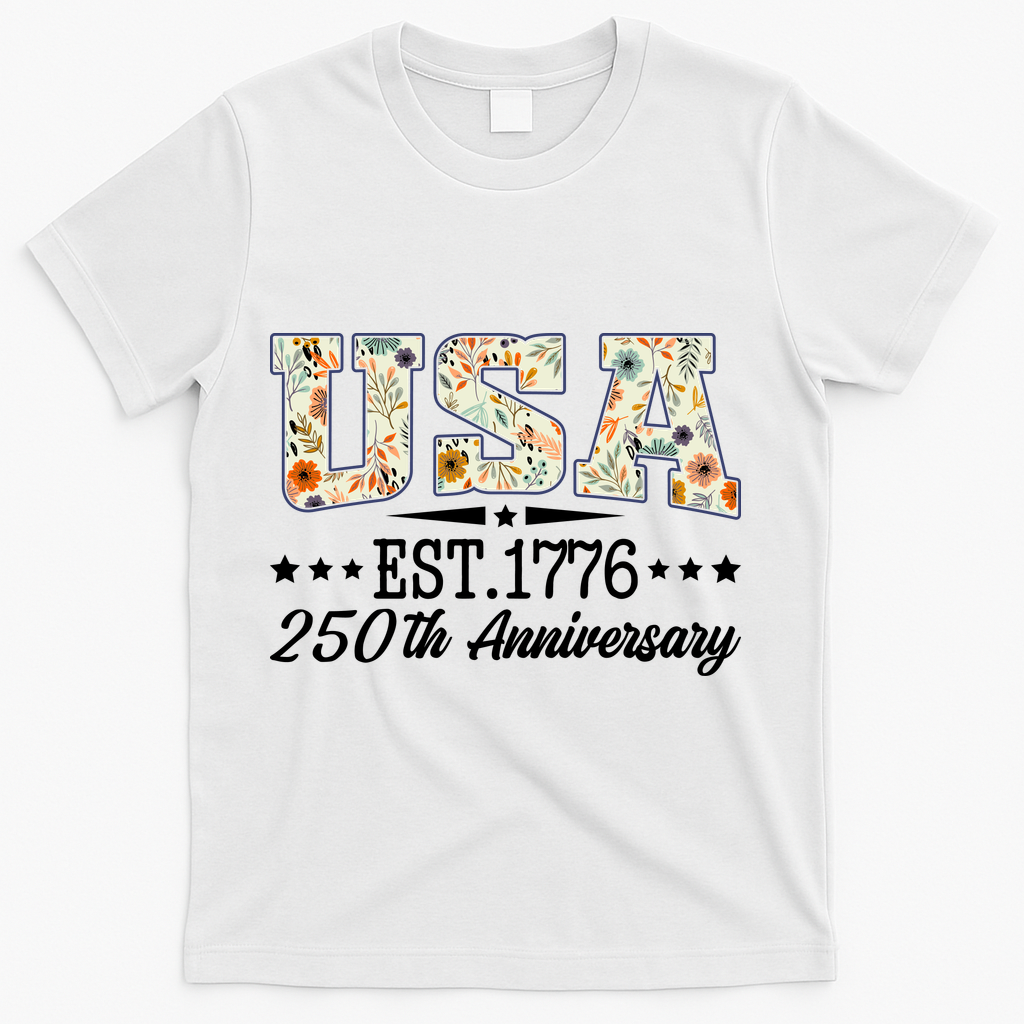 Floral USA 1776 Patriotic 250th Anniversary 250 Years Celebration T-Shirt - White