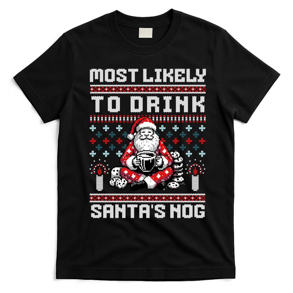 Funny Ugly Christmas Design Most Likely To Drink Santas Nog T-Shirt - Black