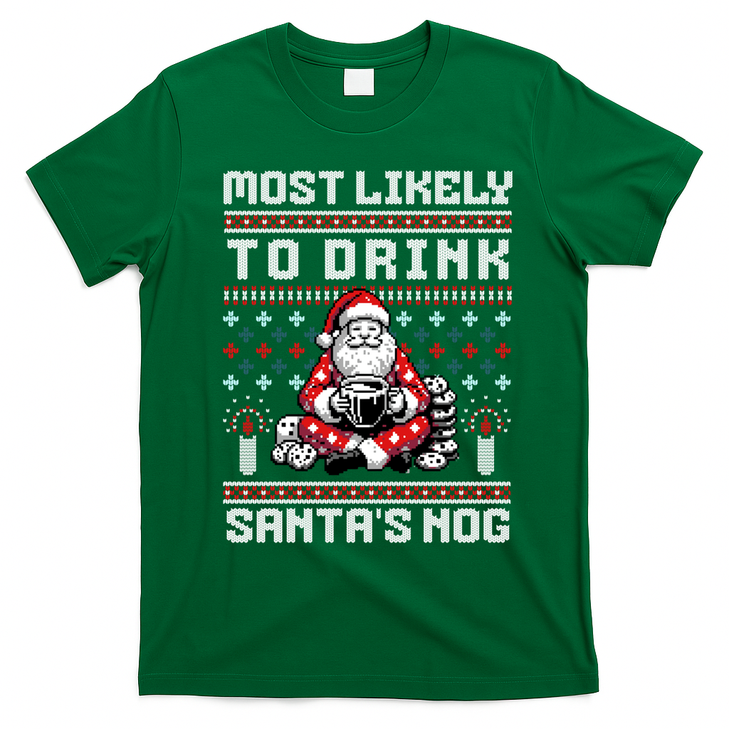 Funny Ugly Christmas Design Most Likely To Drink Santas Nog T-Shirt - Irish Green