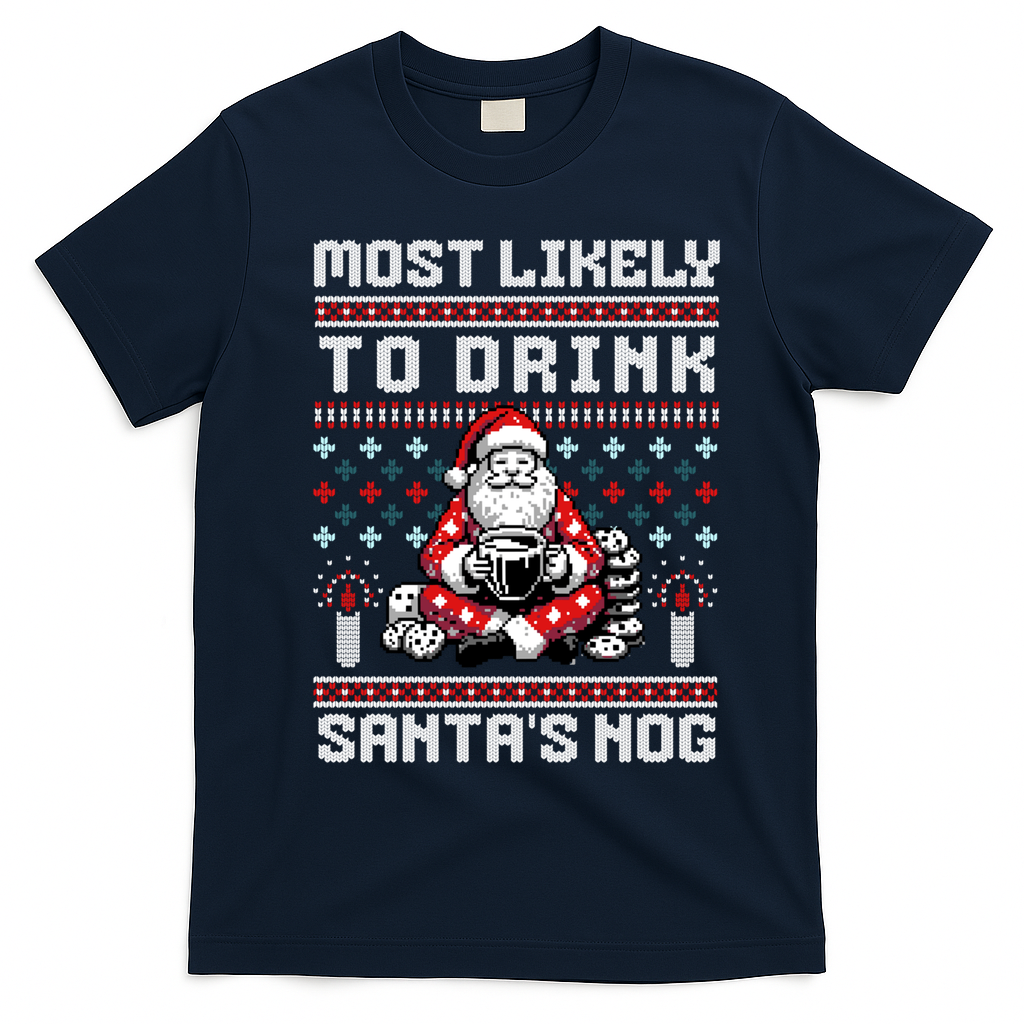 Funny Ugly Christmas Design Most Likely To Drink Santas Nog T-Shirt - Navy Blue
