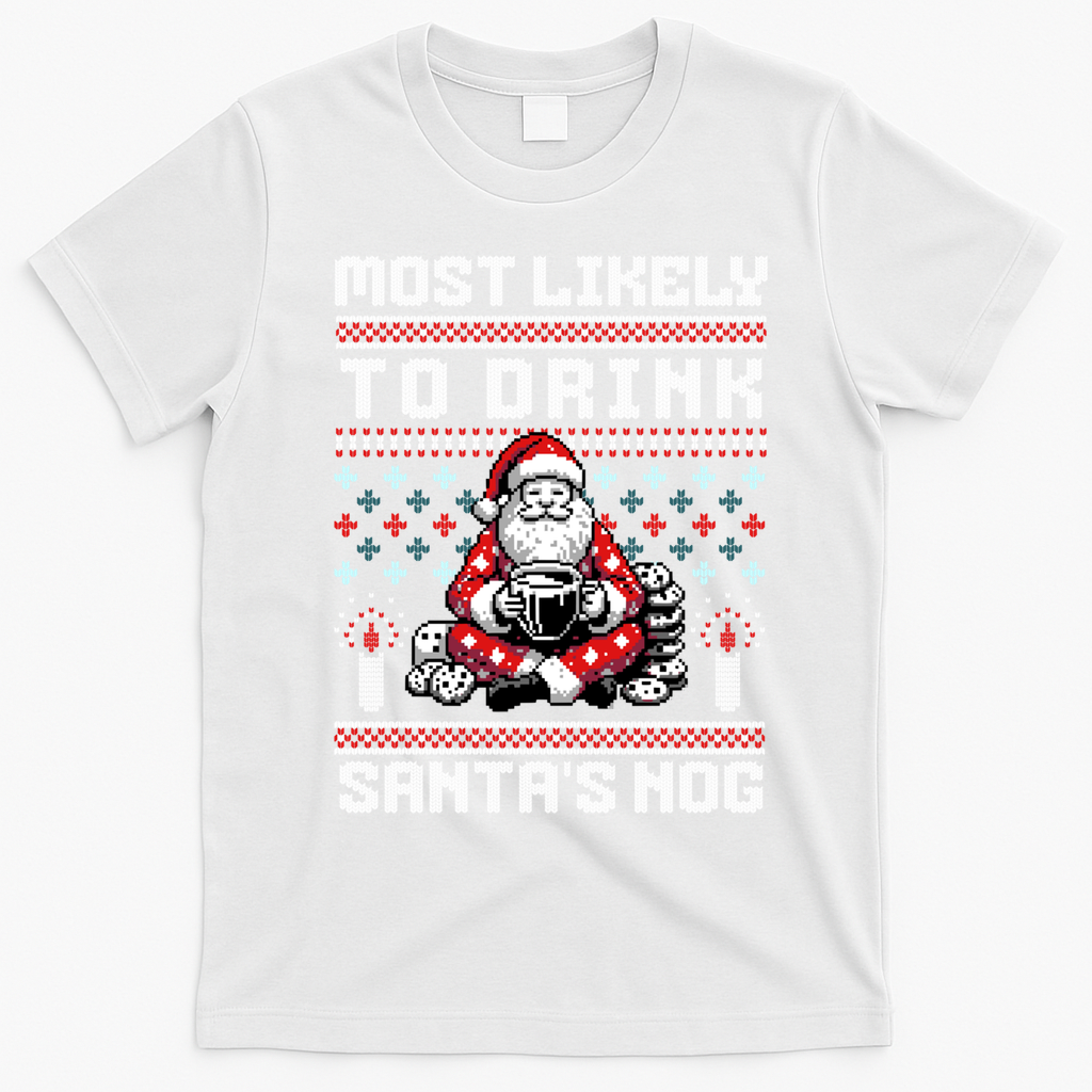Funny Ugly Christmas Design Most Likely To Drink Santas Nog T-Shirt - White