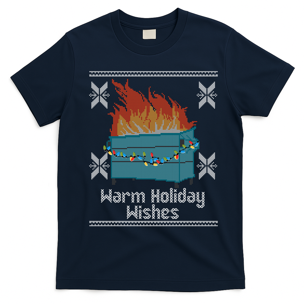 Funny Ugly Christmas Warm Holiday Wishes Dumpster Fire Gift T-Shirt - Navy Blue