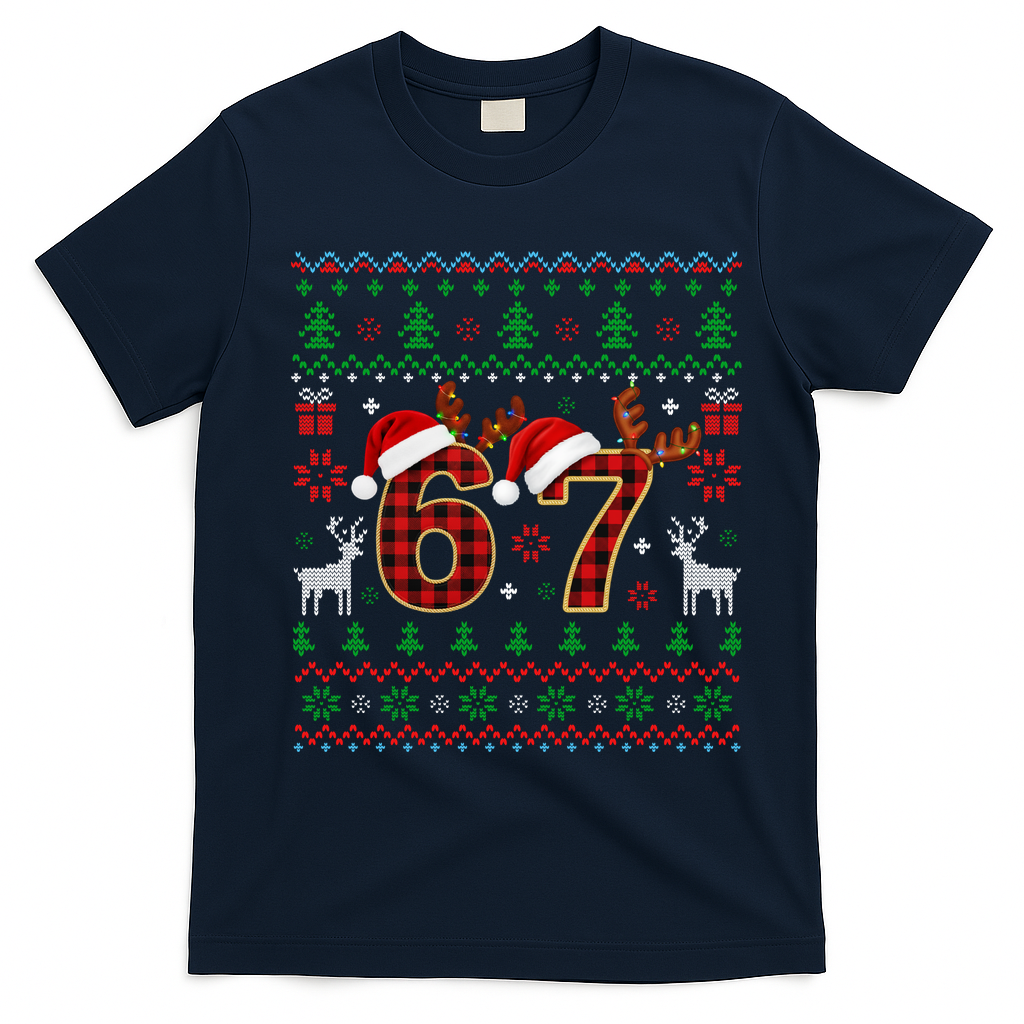 Funny Ugly Sweater 67 Christmas T-Shirt - Navy Blue