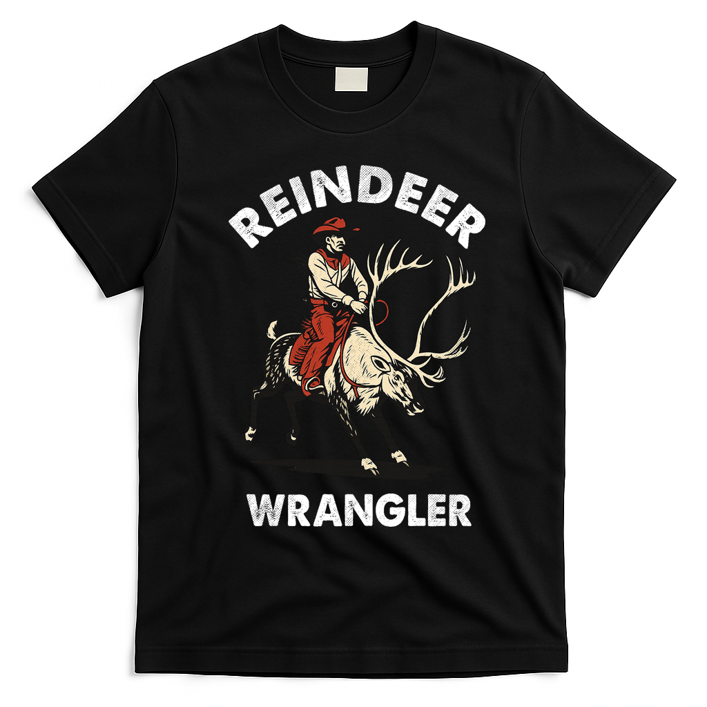 Funny Vintage Christmas Riding A Reindeer Cowboy Cowgirl T-Shirt - Black