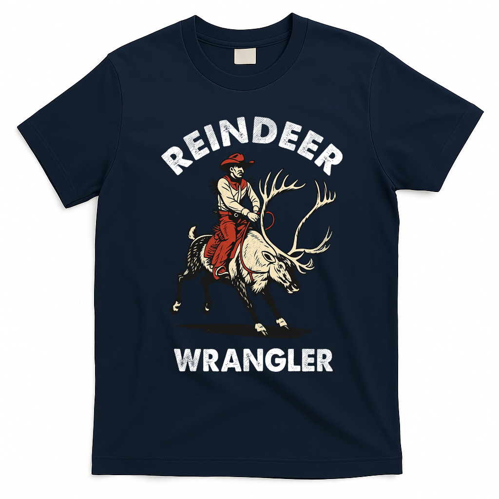 Funny Vintage Christmas Riding A Reindeer Cowboy Cowgirl T-Shirt - Navy Blue