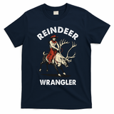 Funny Vintage Christmas Riding A Reindeer Cowboy Cowgirl T-Shirt - Navy Blue