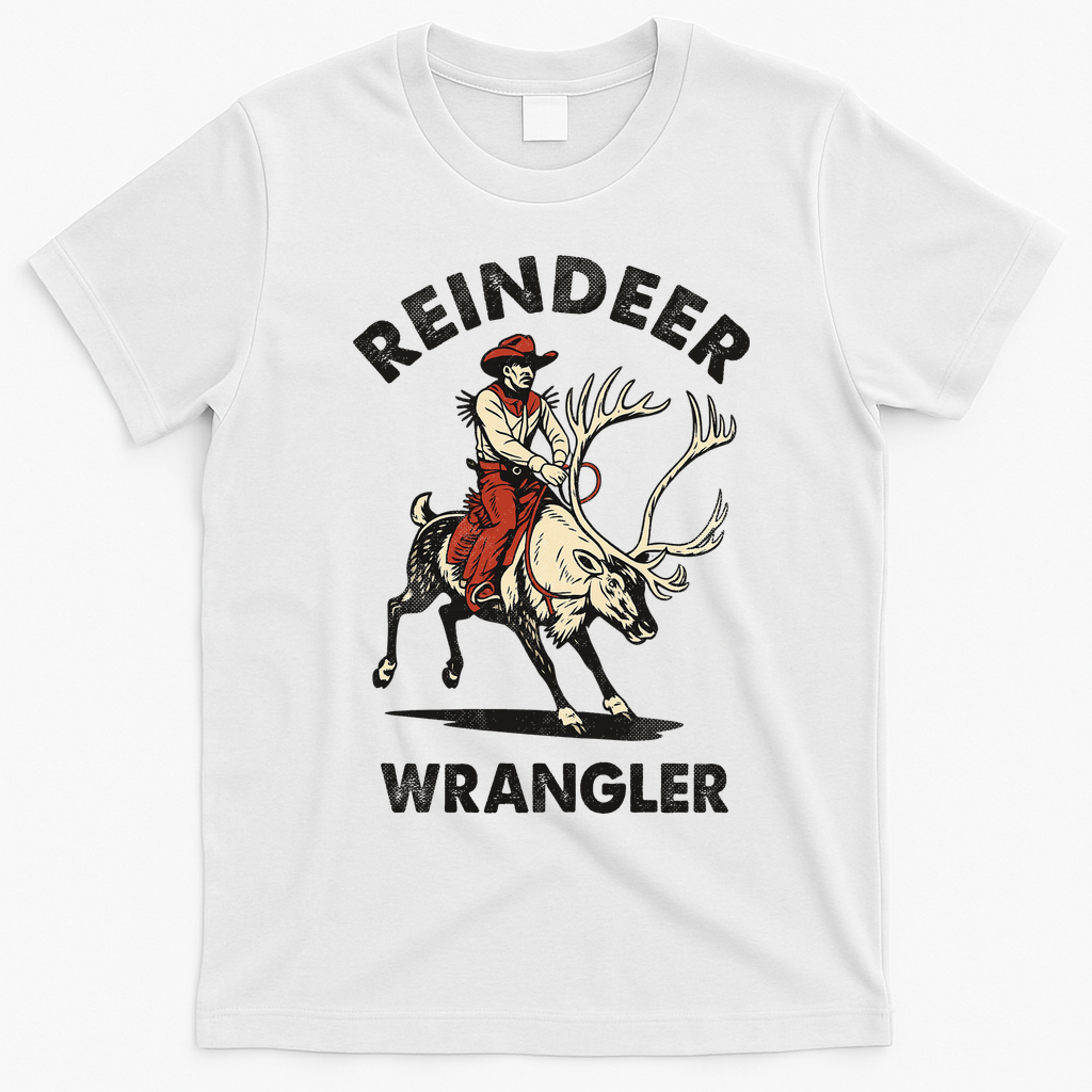 Funny Vintage Christmas Riding A Reindeer Cowboy Cowgirl T-Shirt - White