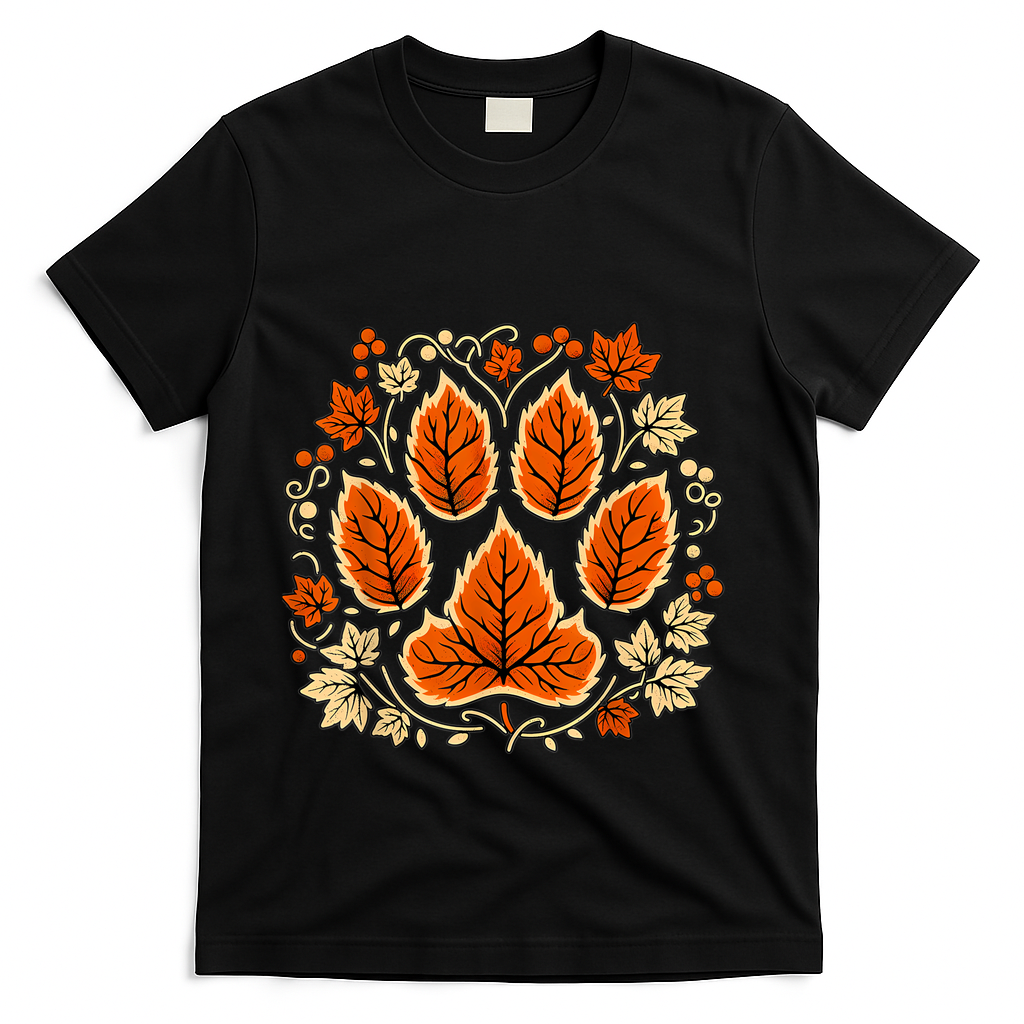 Fall Vine Leaf Dog Paw Print Autumn Maple Leaf Thanksgiving T-Shirt - Black