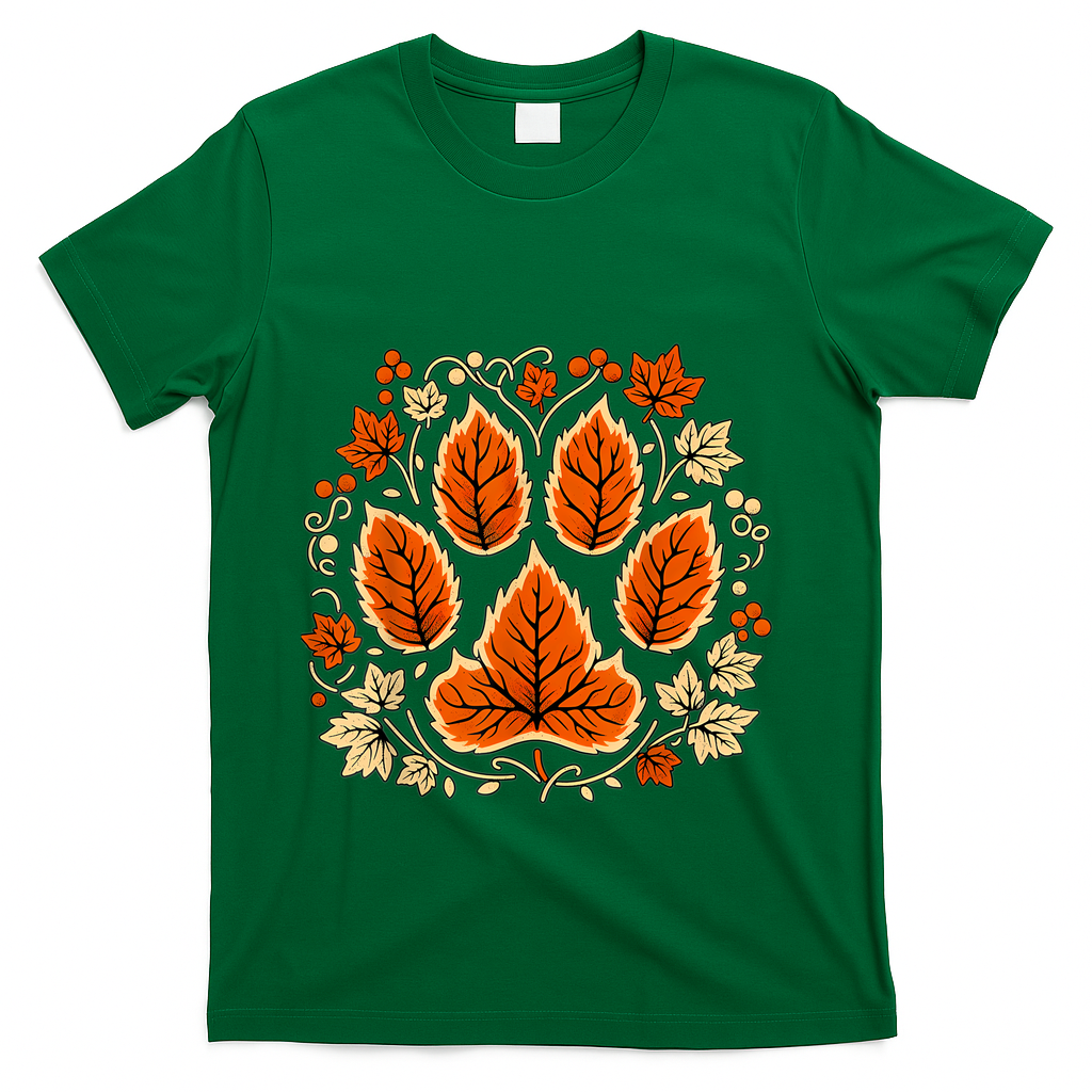 Fall Vine Leaf Dog Paw Print Autumn Maple Leaf Thanksgiving T-Shirt - Green