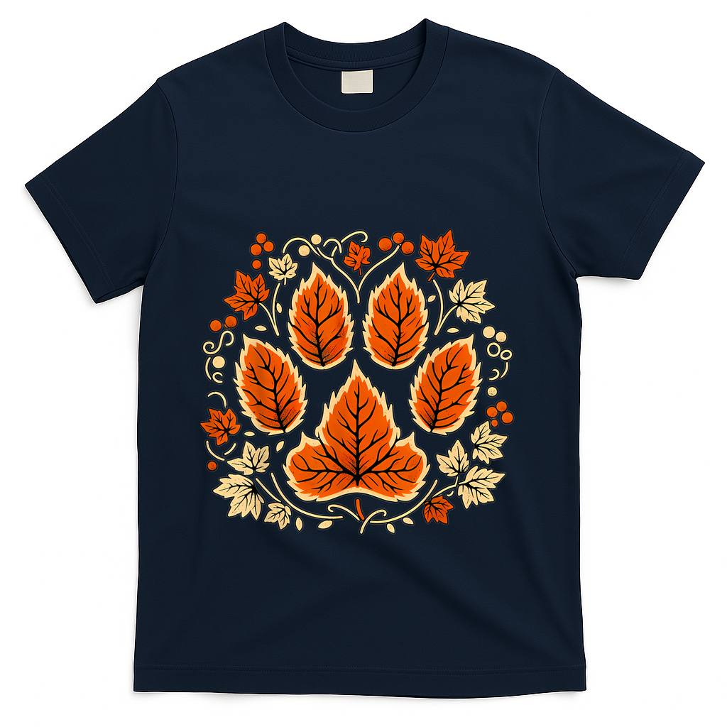 Fall Vine Leaf Dog Paw Print Autumn Maple Leaf Thanksgiving T-Shirt - Navy