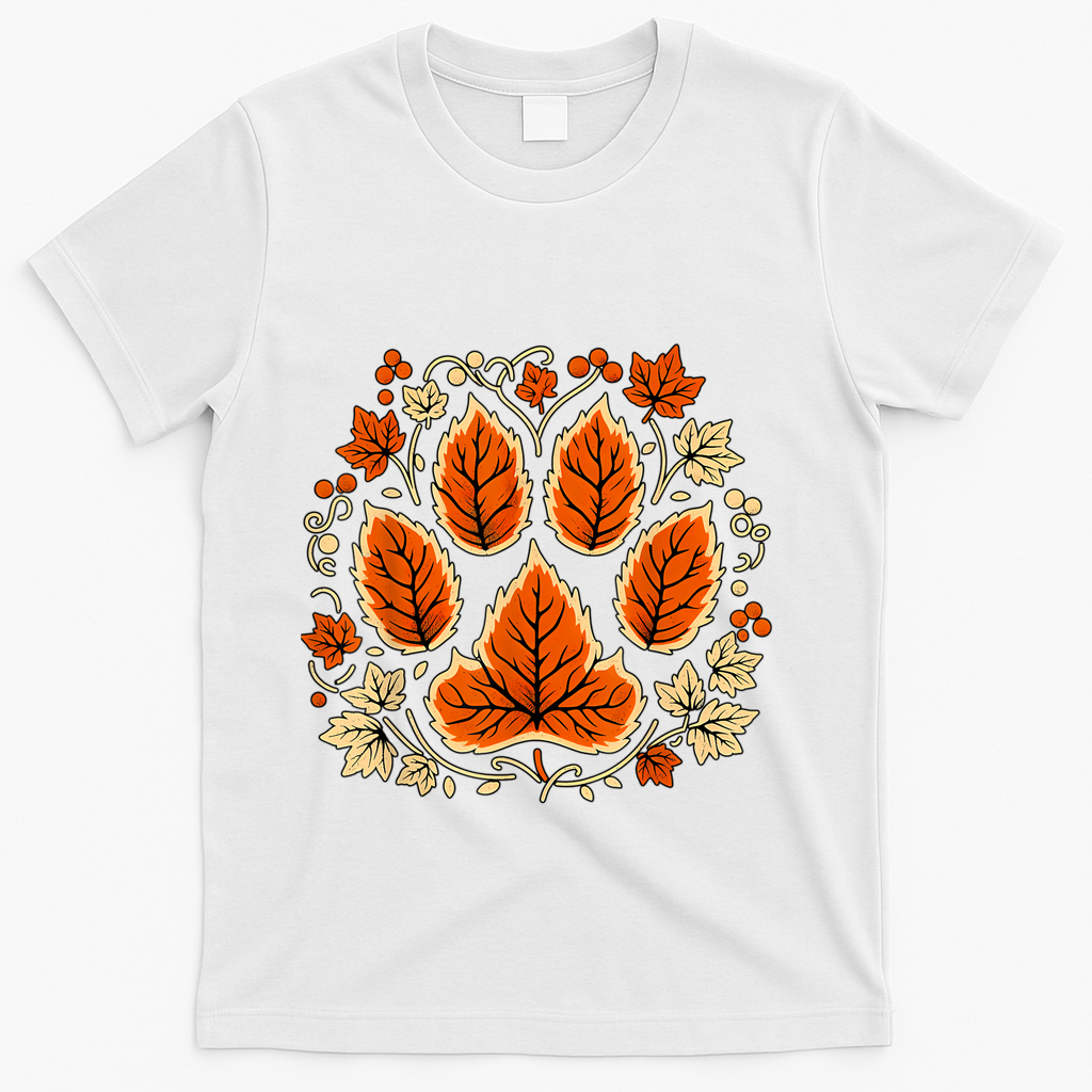 Fall Vine Leaf Dog Paw Print Autumn Maple Leaf Thanksgiving T-Shirt - White