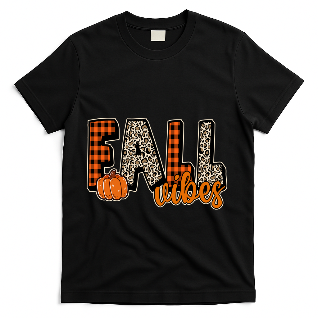 Fall Vibes Pumpkin Plaid Cheetah T-Shirt - Black