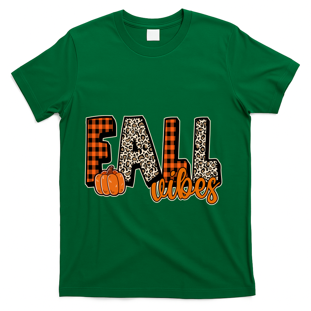 Fall Vibes Pumpkin Plaid Cheetah T-Shirt - Green