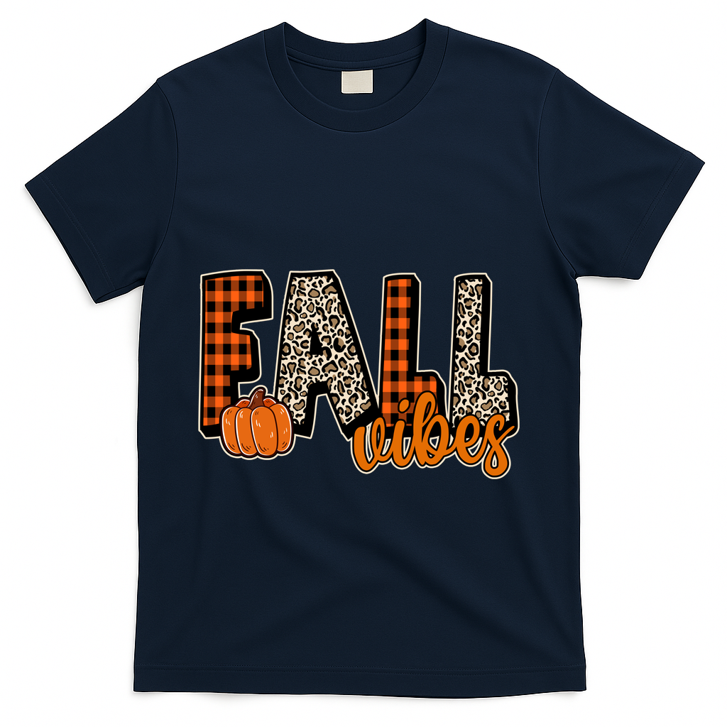 Fall Vibes Pumpkin Plaid Cheetah T-Shirt - Navy
