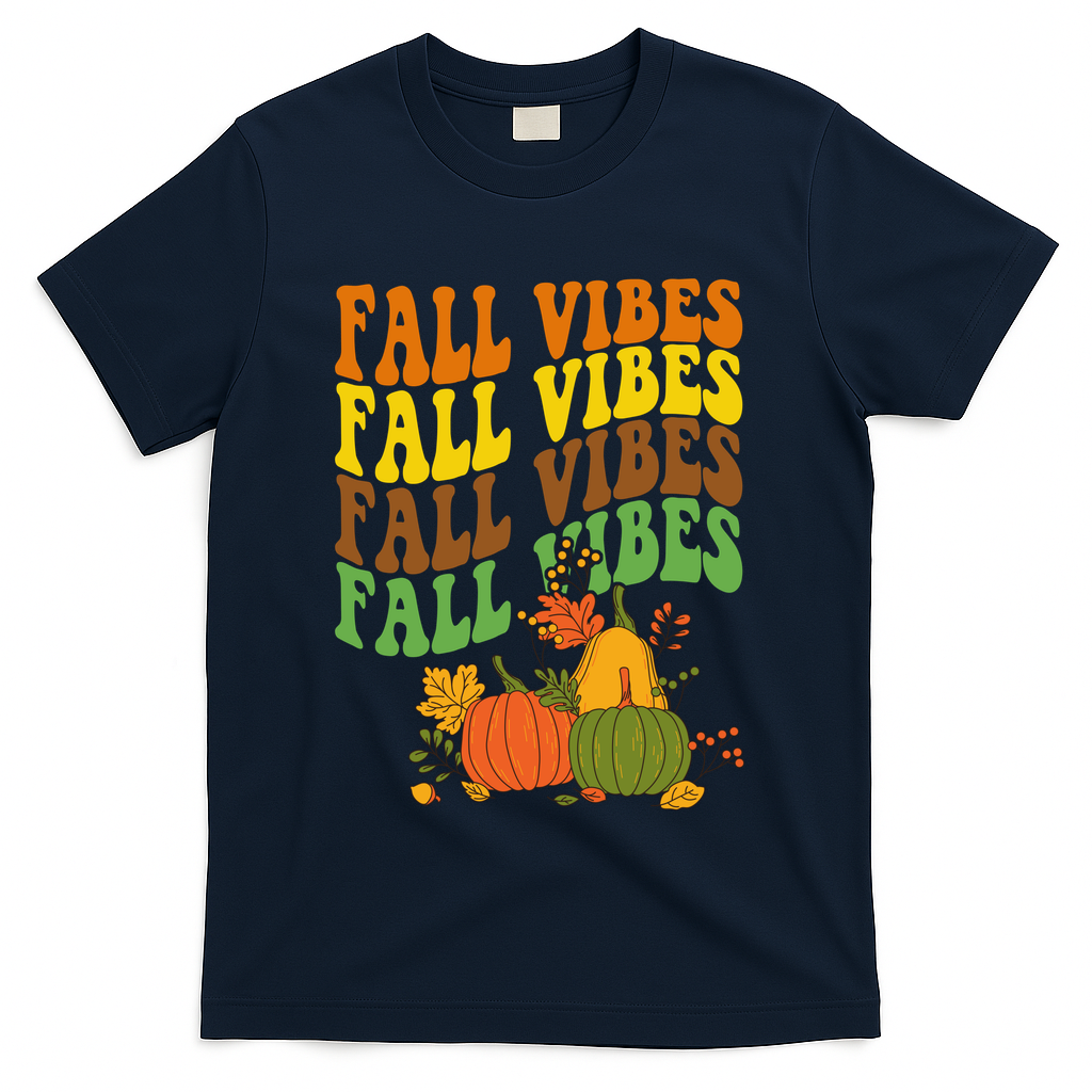 Fall Vibes Season Retro Pumpkin T-Shirt - Navy
