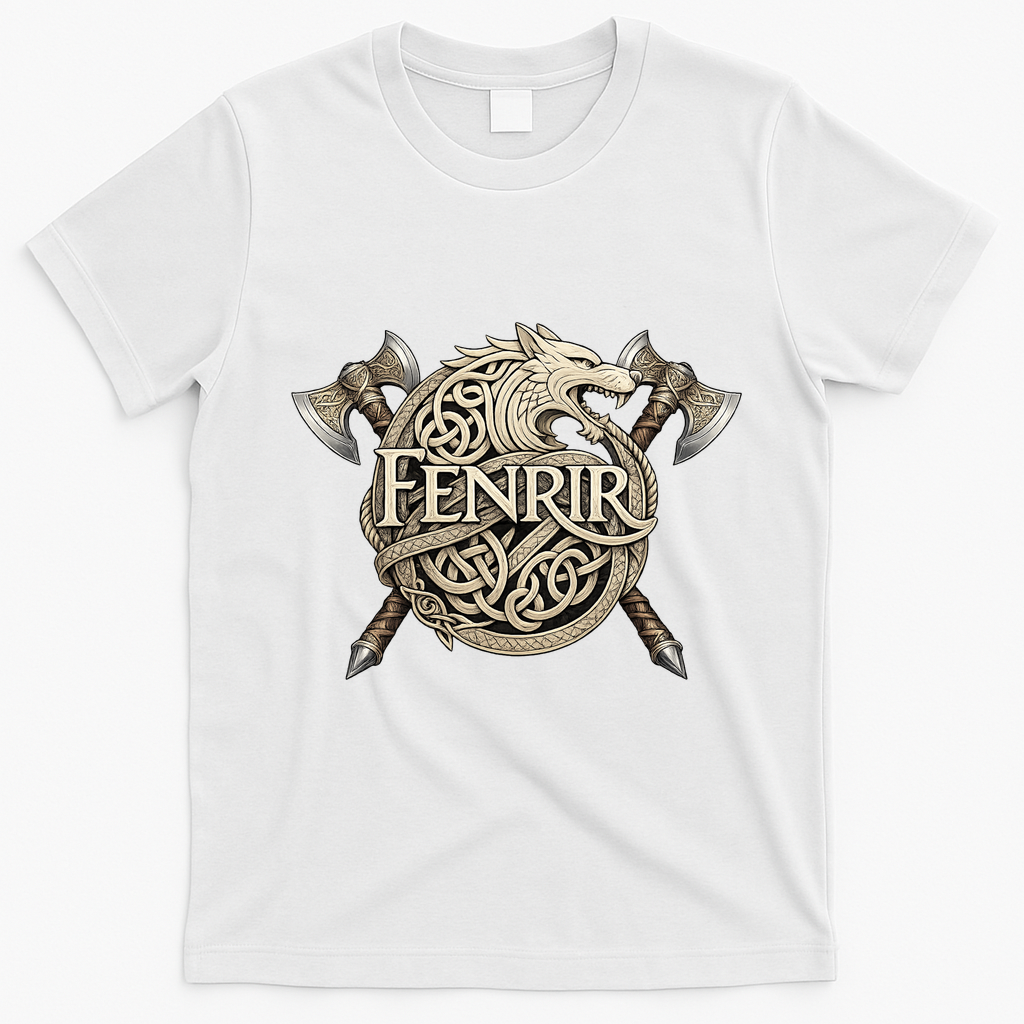 Fenrir Viking Wolf Norse Knotwork Mythology  T-Shirt - White