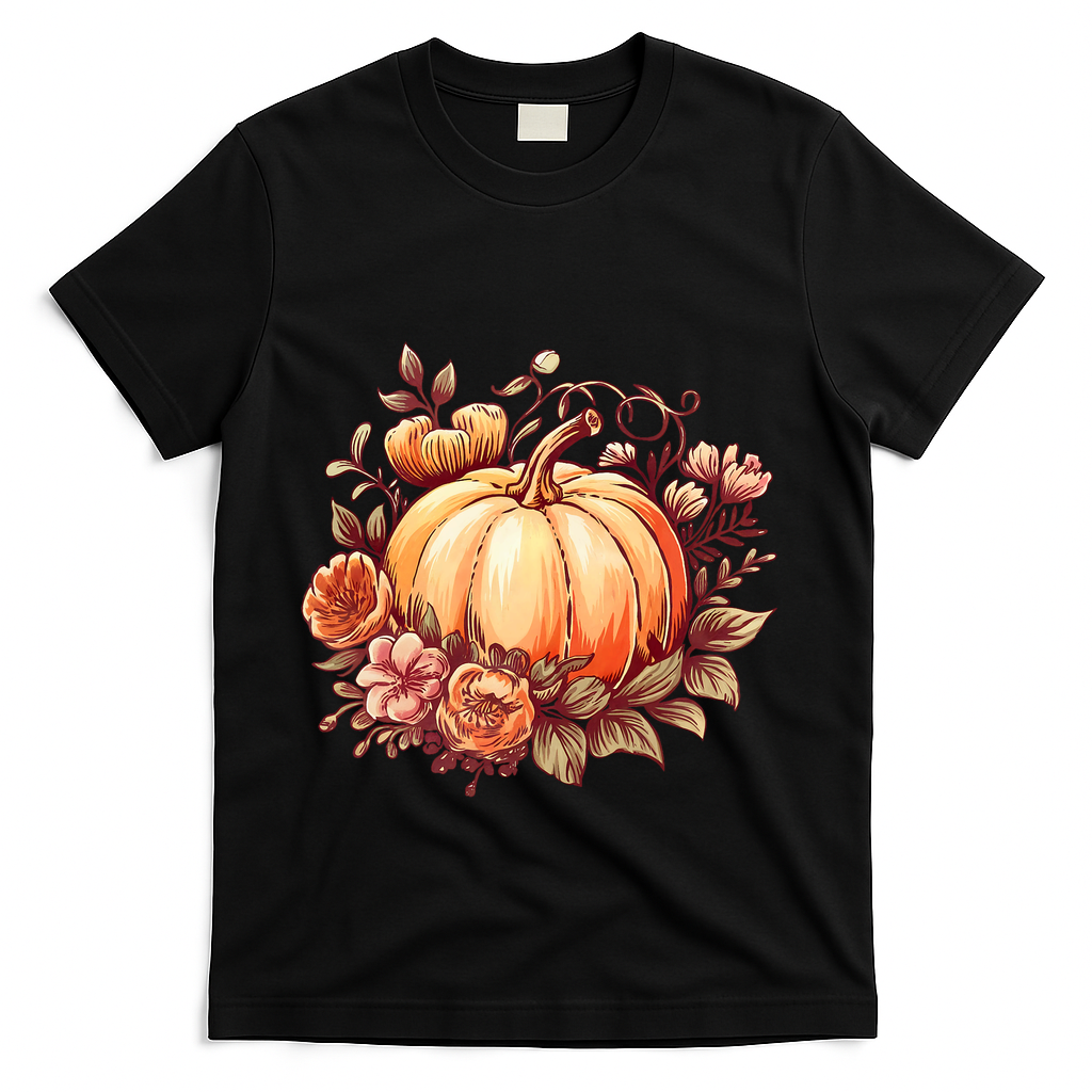 Fall Women Autumn Pumpkin Graphic Vintage Thanksgiving T-Shirt - Black