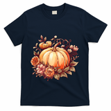 Fall Women Autumn Pumpkin Graphic Vintage Thanksgiving T-Shirt - Navy