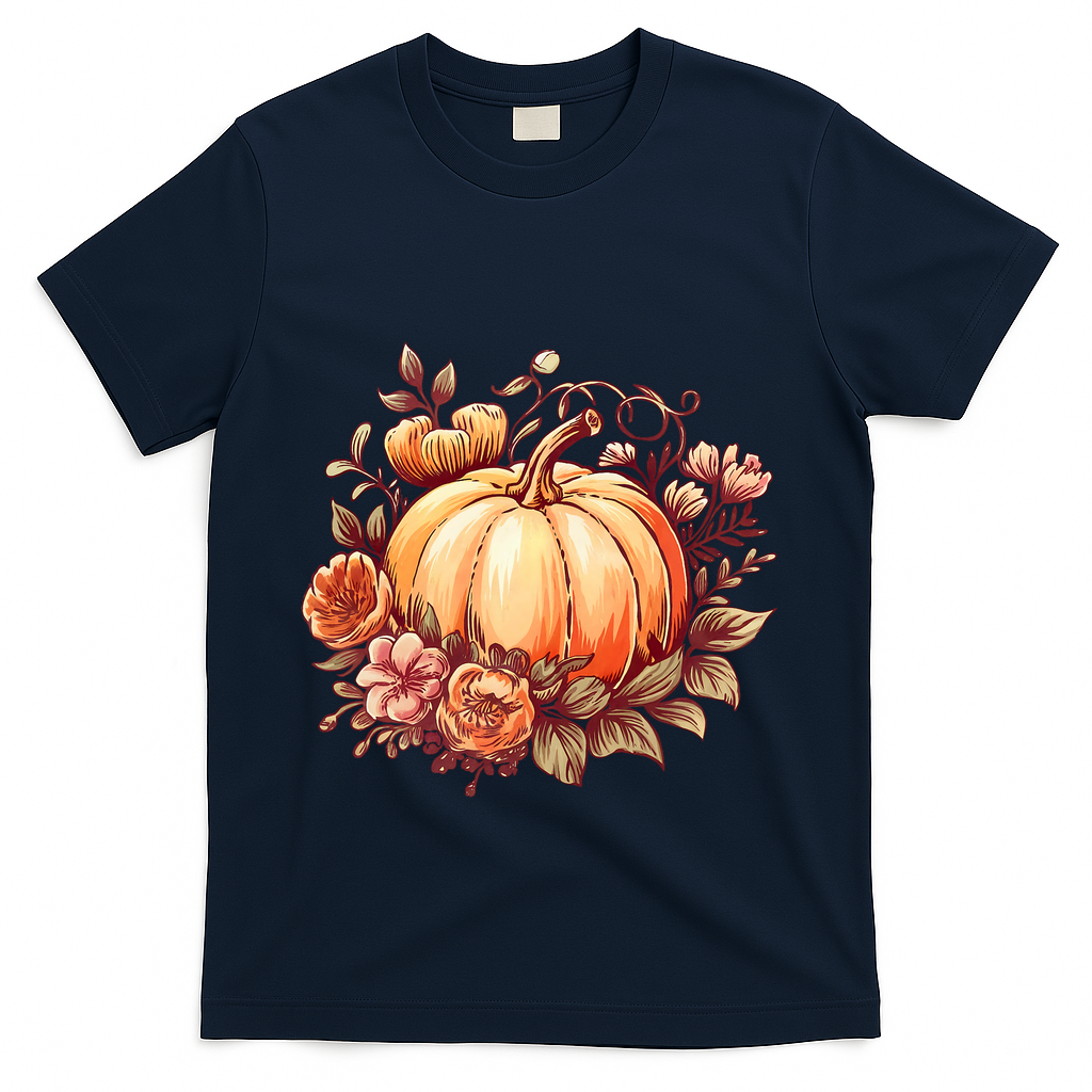Fall Women Autumn Pumpkin Graphic Vintage Thanksgiving T-Shirt - Navy