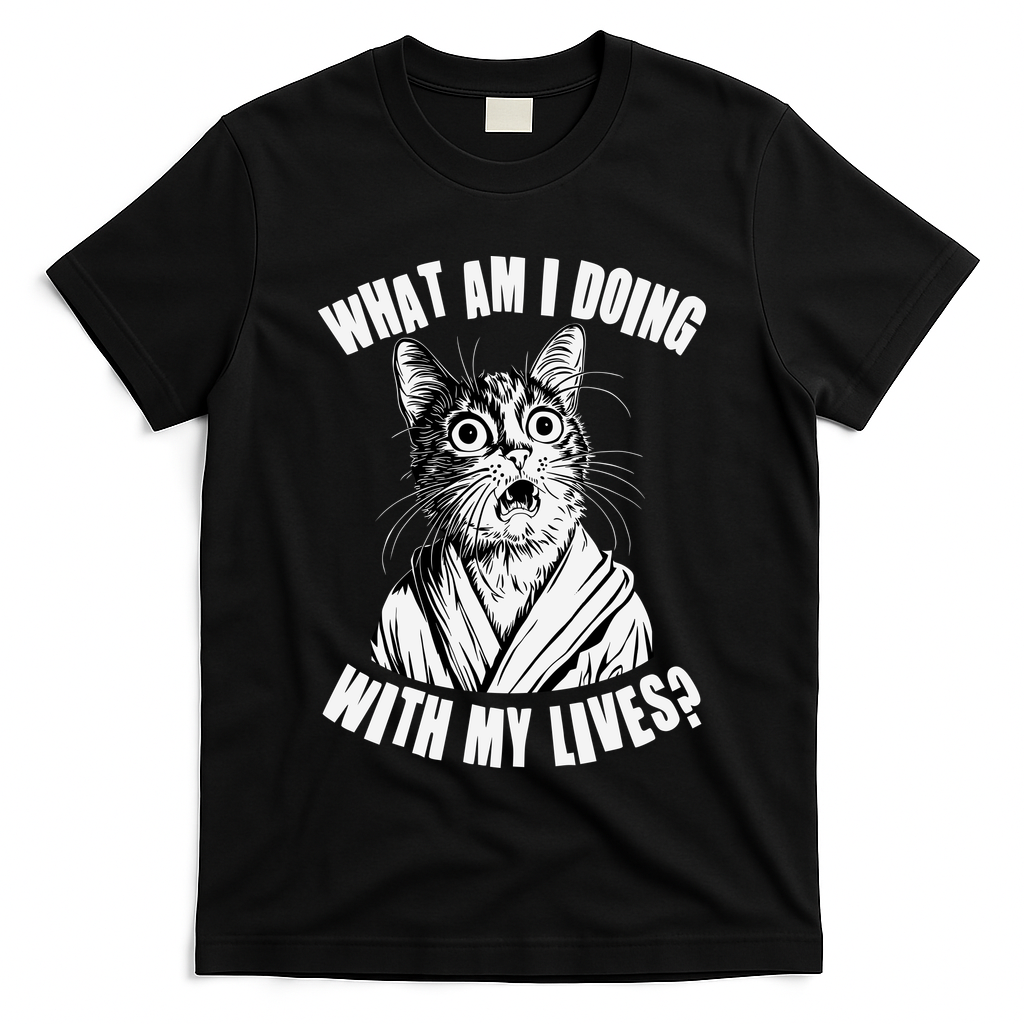 Funny What Am I Doing With My Lives Existential Crisis Cat T-Shirt