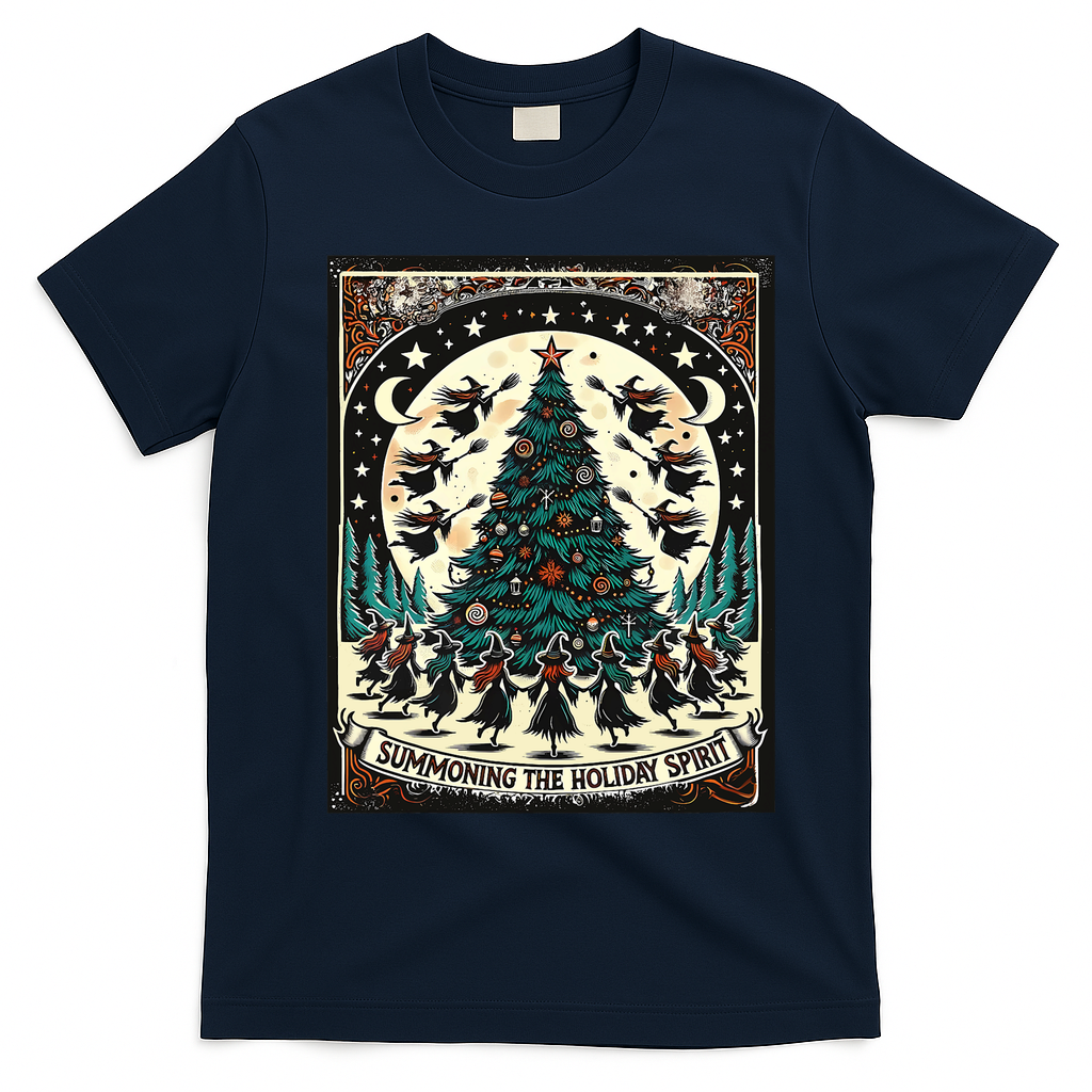Funny Witches Summoning The Holiday Spirit Spooky Christmas T-Shirt - Navy Blue