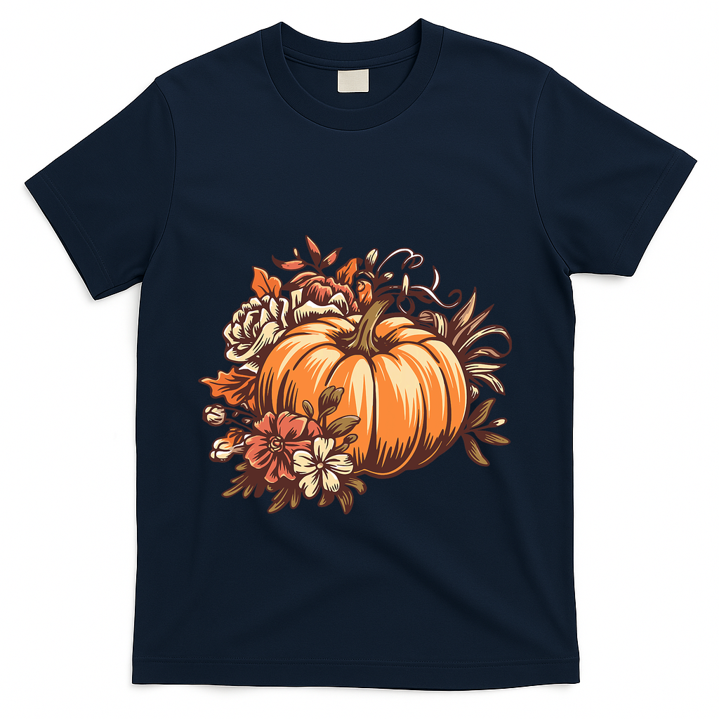 Fall Women Vintage Pumpkin Autumn Graphic Thanksgiving T-Shirt - Navy