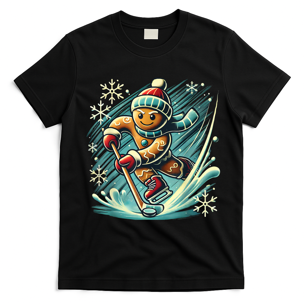 Funny Xmas Gingerbread Playing Ice Hockey Lovers Christmas Gift T-Shirt - Black