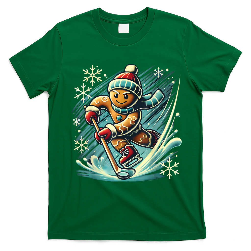 Funny Xmas Gingerbread Playing Ice Hockey Lovers Christmas Gift T-Shirt - Irish Green