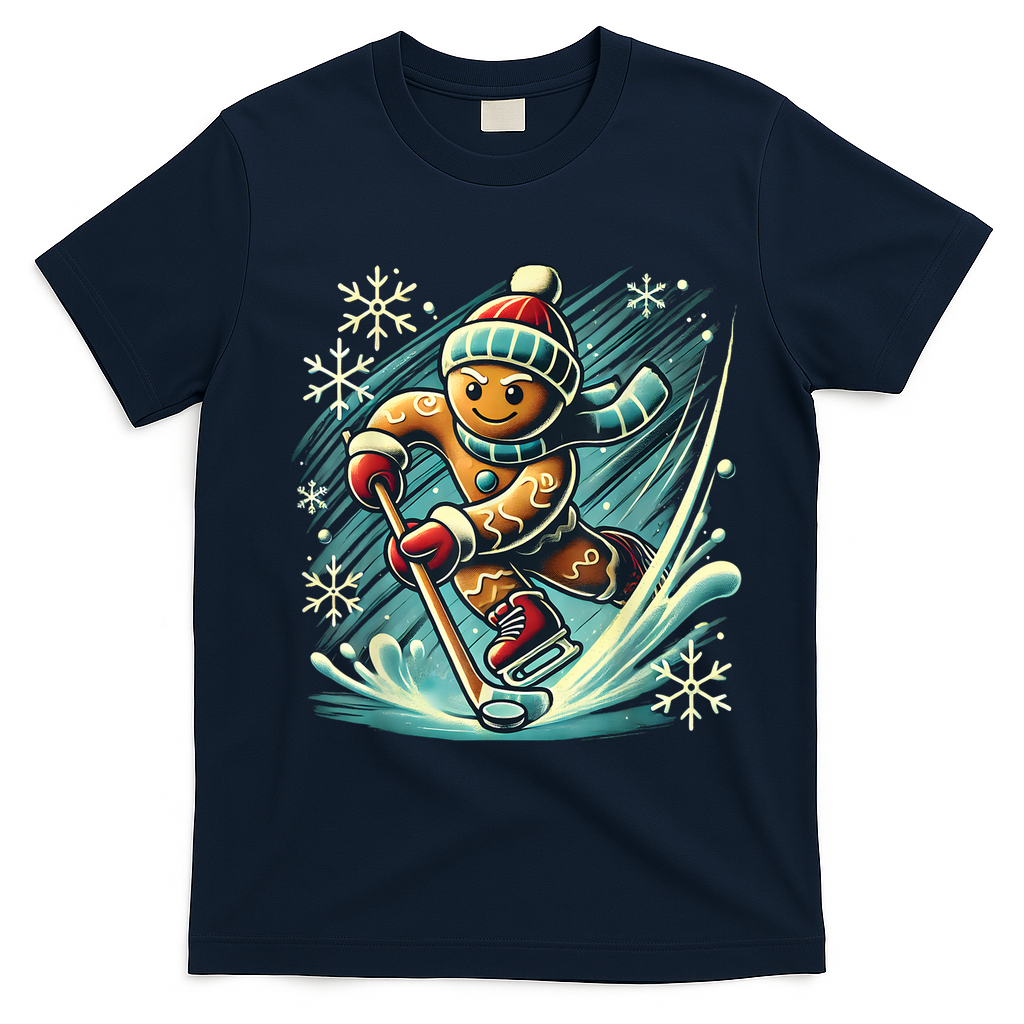 Funny Xmas Gingerbread Playing Ice Hockey Lovers Christmas Gift T-Shirt - Navy Blue