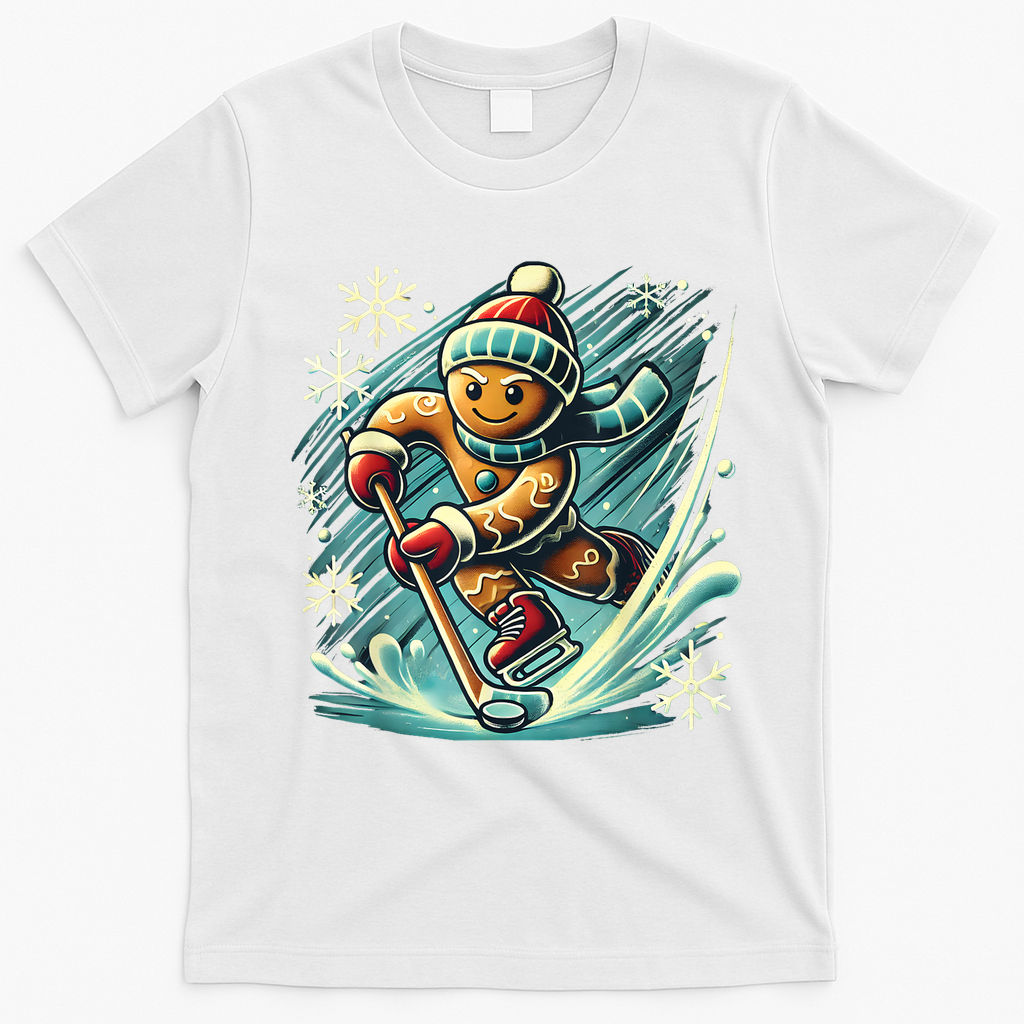 Funny Xmas Gingerbread Playing Ice Hockey Lovers Christmas Gift T-Shirt - White