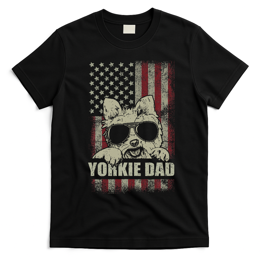 Funny Yorkie Dad American Flag Dog Daddy Fathers Day Tee T-Shirt - Black